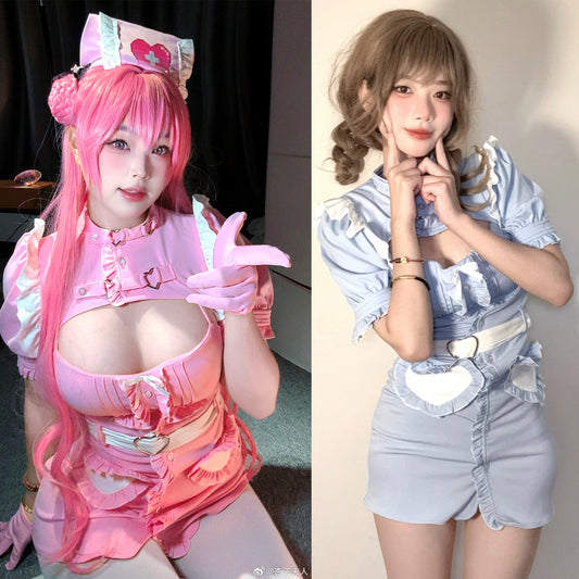 エロカワなナース風ボディコンワンピースコスプレ ブルー/ピンク【火華家】
