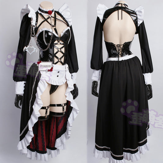 NIKKE ボンデージ風ミハラメイドカフェコスプレ エナメルロングメイドコスプレ【歪萌舍】