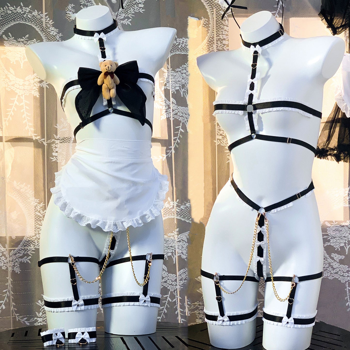 透け感がある可愛いくまハーネスメイドコスプレセット ブラック【エビスタジオ】