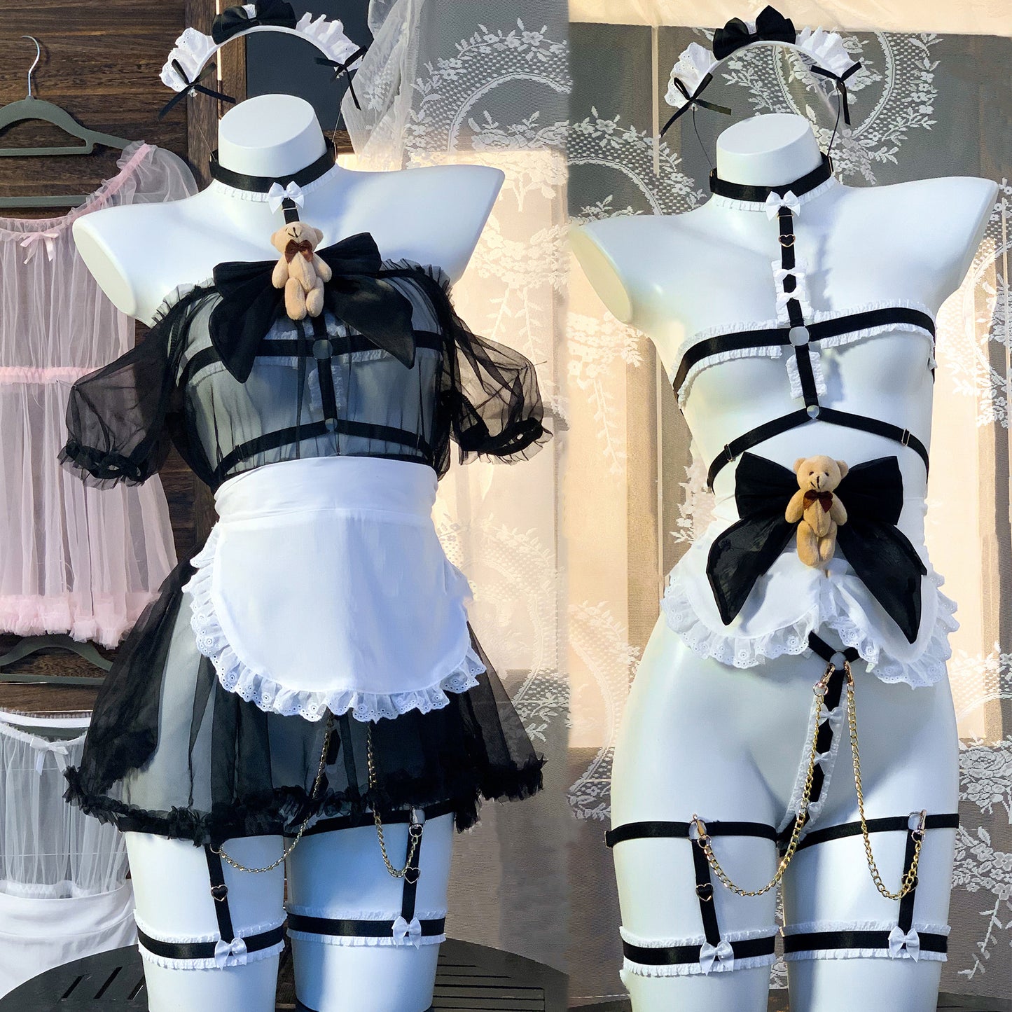 透け感がある可愛いくまハーネスメイドコスプレセット ブラック【エビスタジオ】