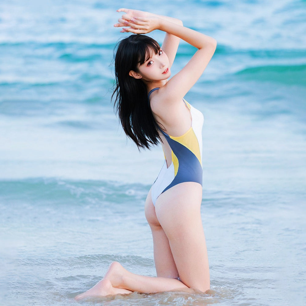 スポーティでセクシーなバックレスハイレグ競泳水着 ホワイト×ブルー×イエロー【得体社】
