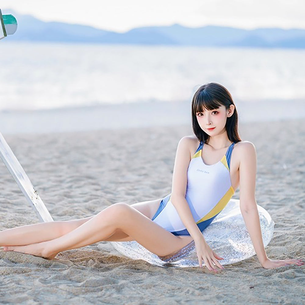 スポーティでセクシーなバックレスハイレグ競泳水着 ホワイト×ブルー×イエロー【得体社】