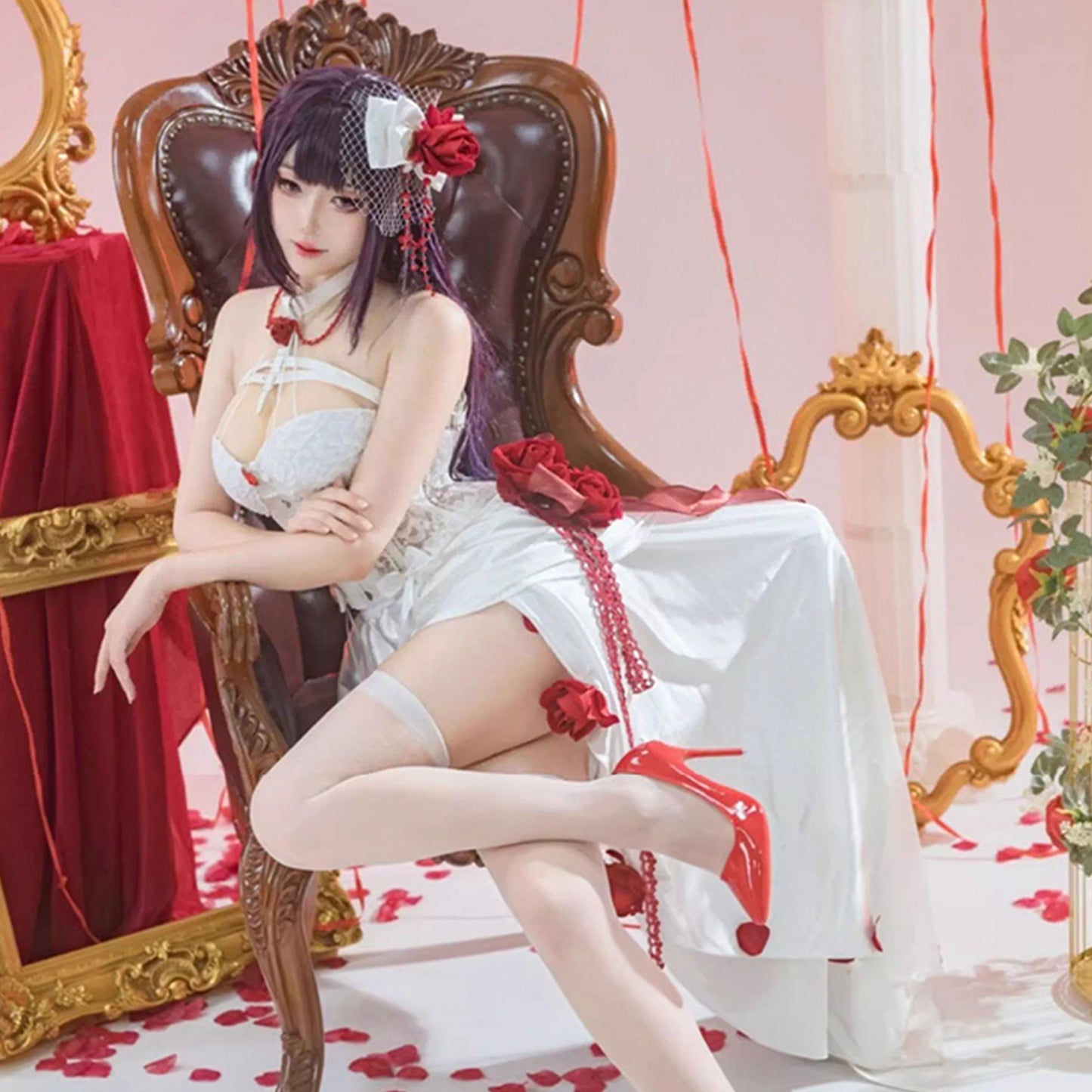 勝利の女神:NIKKE ミハラ華麗なホワイトパーティードレス 花飾りセクシーイブニングドレス【歪萌舍】