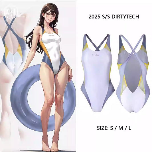 スポーティでセクシーなバックレスハイレグ競泳水着 ホワイト×ブルー×イエロー【得体社】