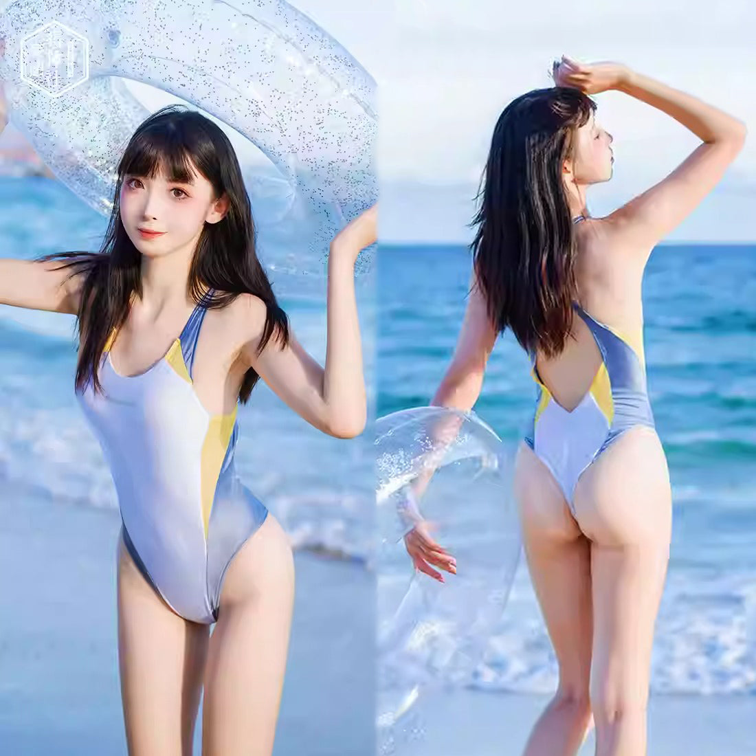 スポーティでセクシーなバックレスハイレグ競泳水着 ホワイト×ブルー×イエロー【得体社】