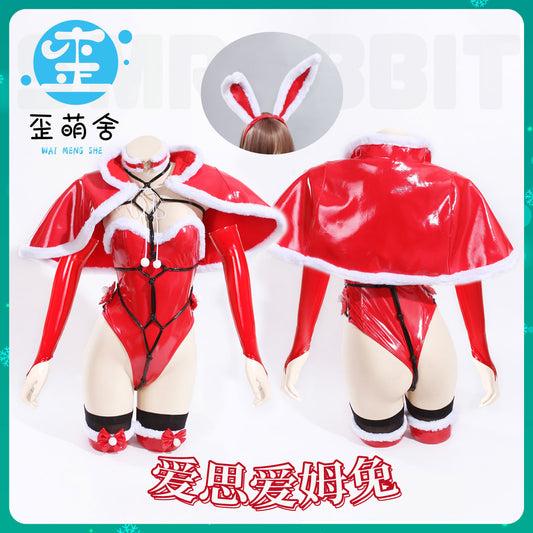 艶やかなエナメルハイレグレオタードサンタガールコスプレ マント付き ボンデージストラップ【歪萌舍】