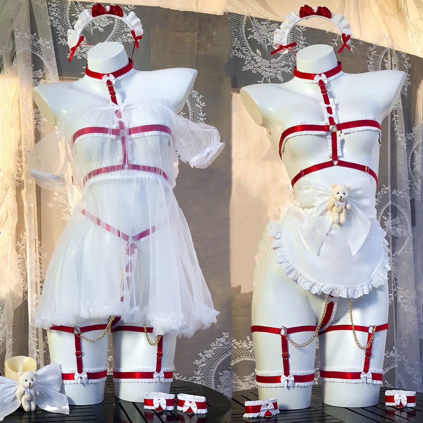 透け感がある可愛いくまハーネスメイドコスプレセット レッド【エビスタジオ】