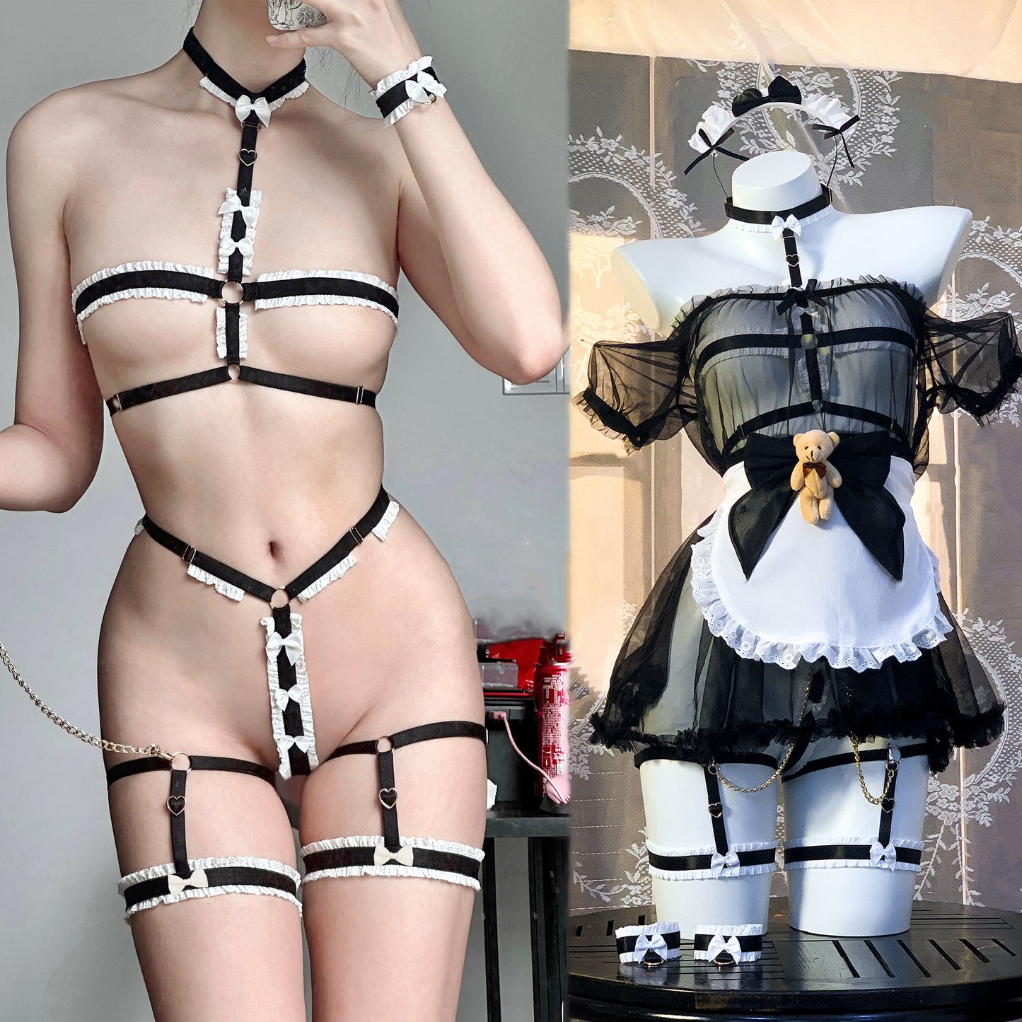 透け感がある可愛いくまハーネスメイドコスプレセット ブラック【エビスタジオ】