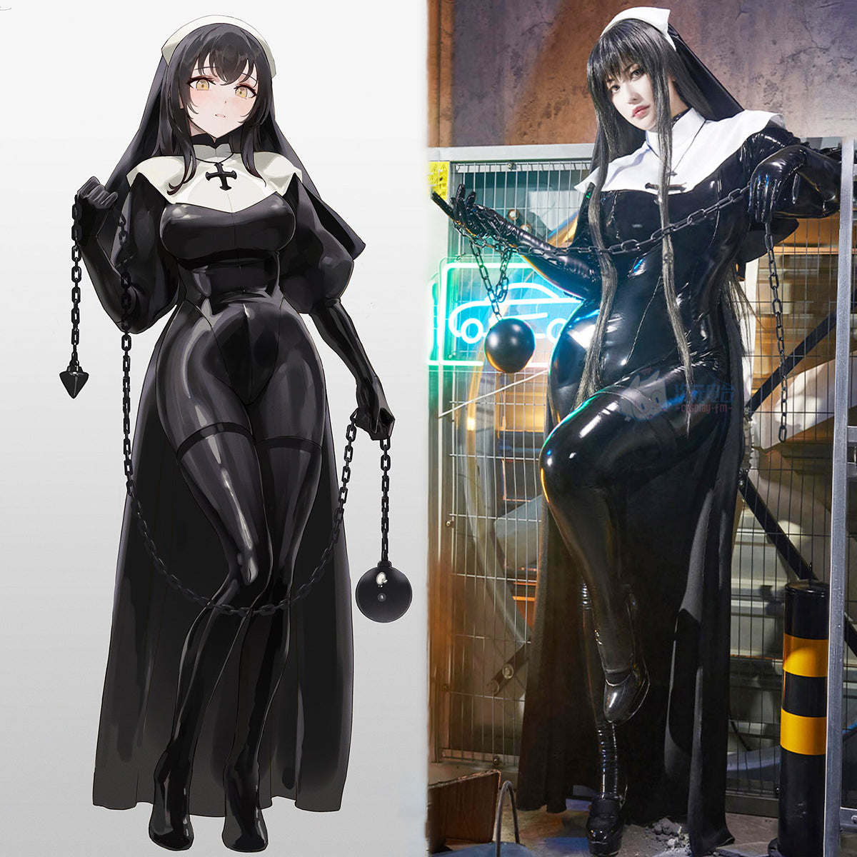 セクシー全身タイツエナメルシスターコスプレセット 黒【ChowbiexCosplay-FM】