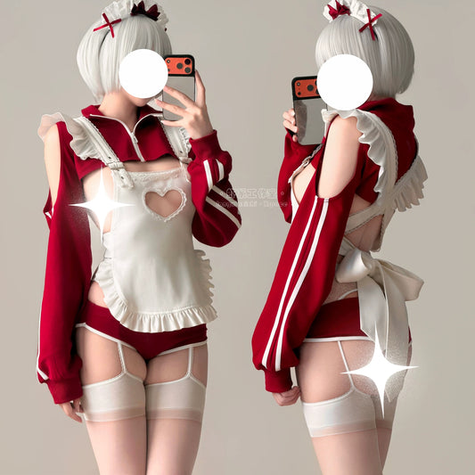 ブルマー風スポーティメイドコスプレ5点セット ワインレッド 体型カバー・75kg対応【エビスタジオ】