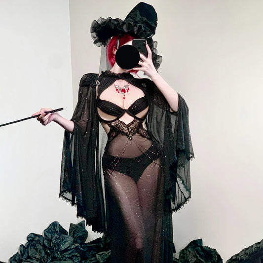 透け透けスパークルメッシュセクシー魔女風ドレスコスプレ マント付き【エビスタジオ】
