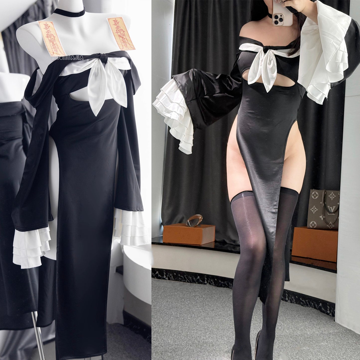 大胆なスリットチャイナ風キョンシーコスプレ ハロウィンキョンシーコスプレ【火華家】