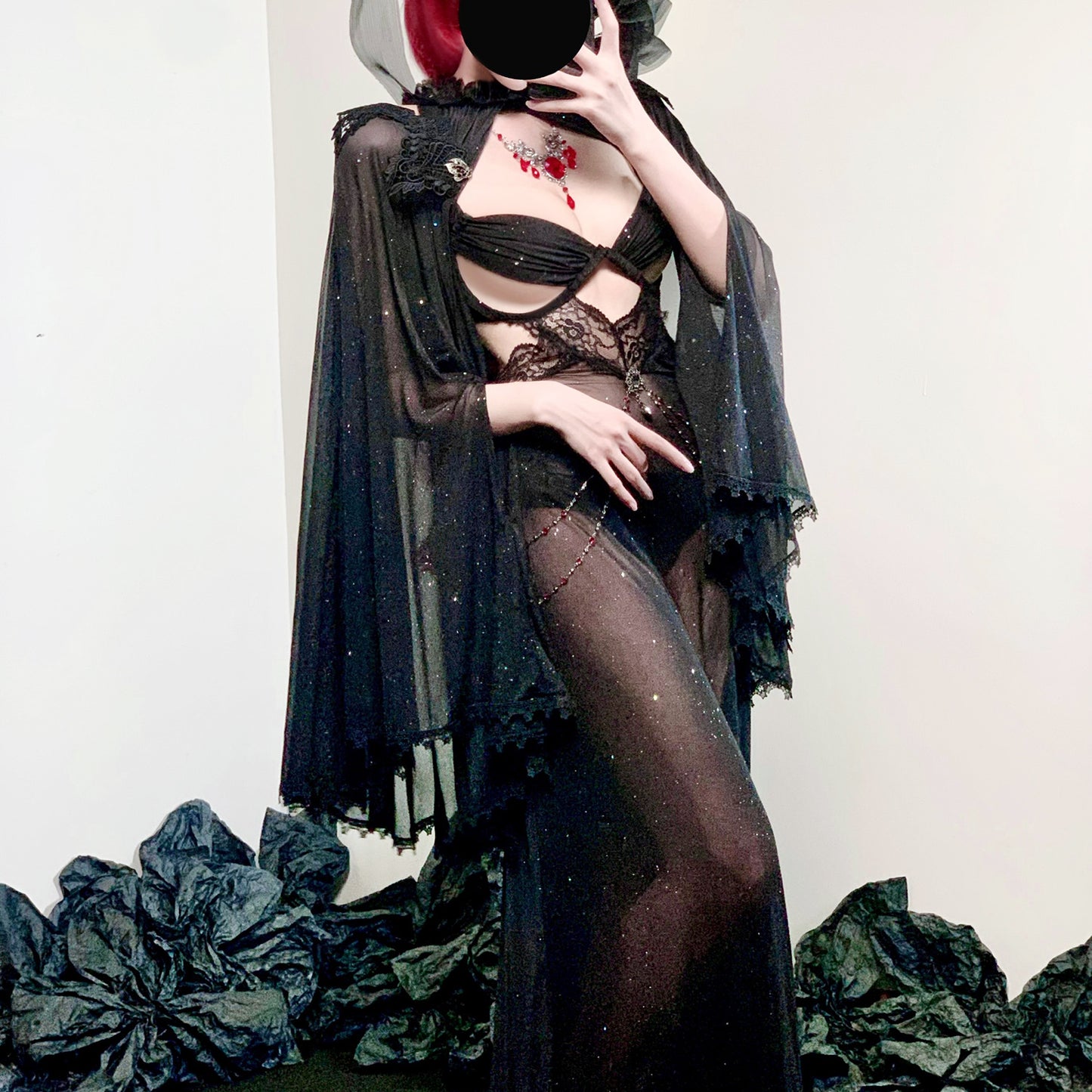 透け透けスパークルメッシュセクシー魔女風ドレスコスプレ マント付き【エビスタジオ】