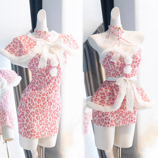 もこもこネコ耳ピンクレオパードセクシーワンピースコスチューム【火華家】