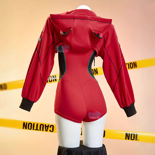 アスカ風 サイバーパンク テックウェア ダブルジッパー 胸開き エヴァ 同人コスプレ 立体猫耳フード プラグスーツ風 密着 エロかっこいい