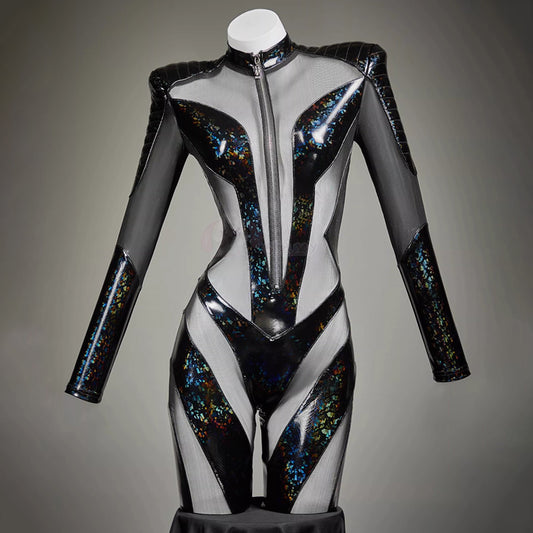 幻想的な輝きを放つ透け感メッシュを融合したサイバー風スキンスーツ【Bbunny】