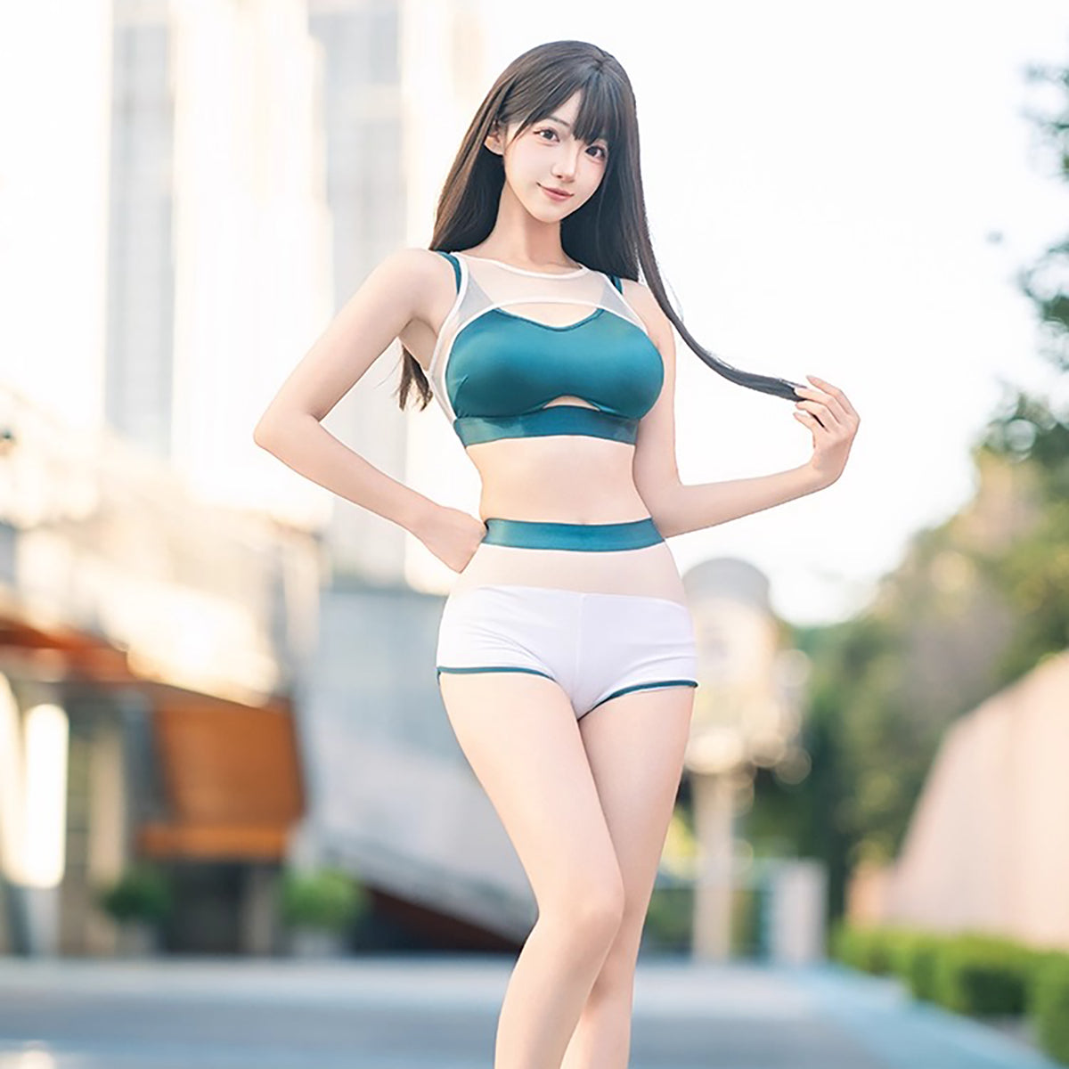 元気で爽やかなショート丈スポーツウェア風コスプレ2点セット 緑白【得体社】