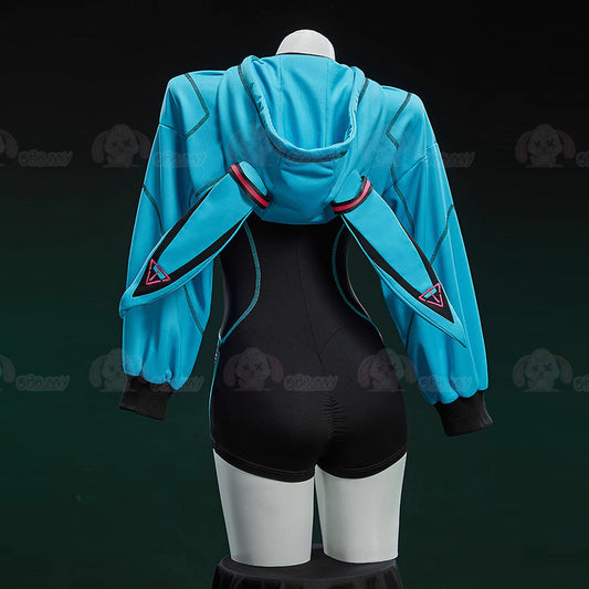 初音ミク風兔耳フードトップ付きのサイバースポーツボディスーツセット【Bbunny】