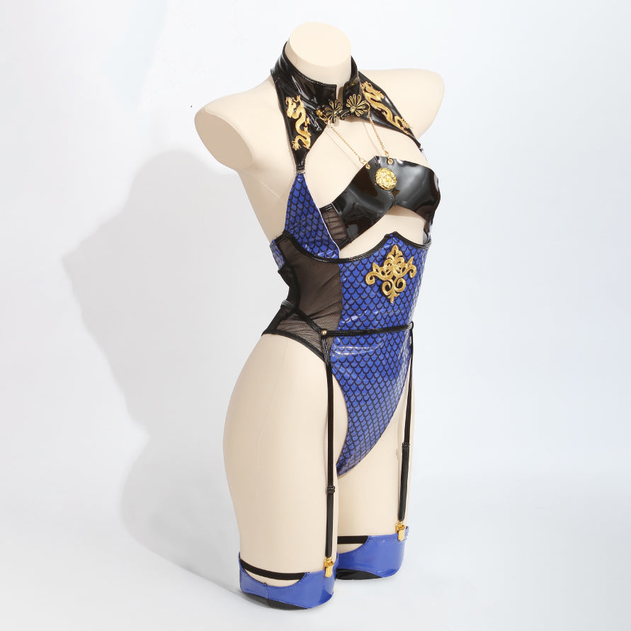 青いドラゴンガールエナメルレオタードコスプレ 肩掛け付き【歪萌舍】