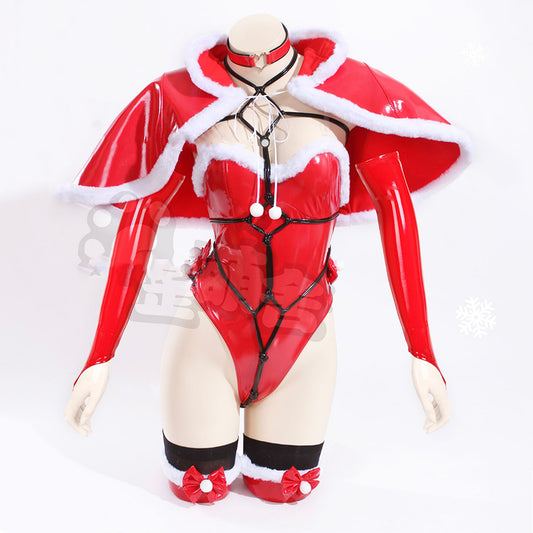 艶やかなエナメルハイレグレオタードサンタガールコスプレ マント付き ボンデージストラップ【歪萌舍】