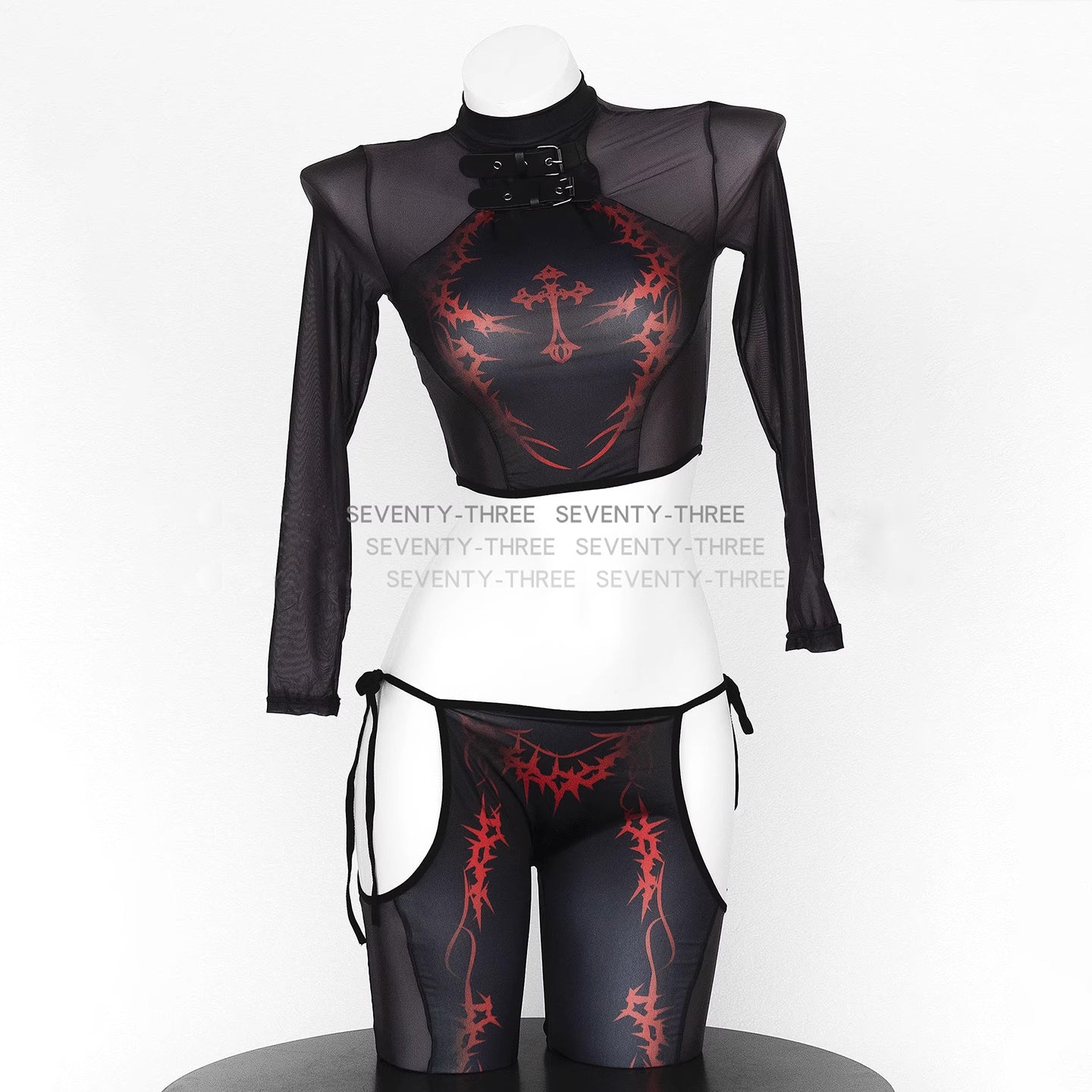 ダークゴシック風セクシーセパレート透け感メッシュボディスーツ