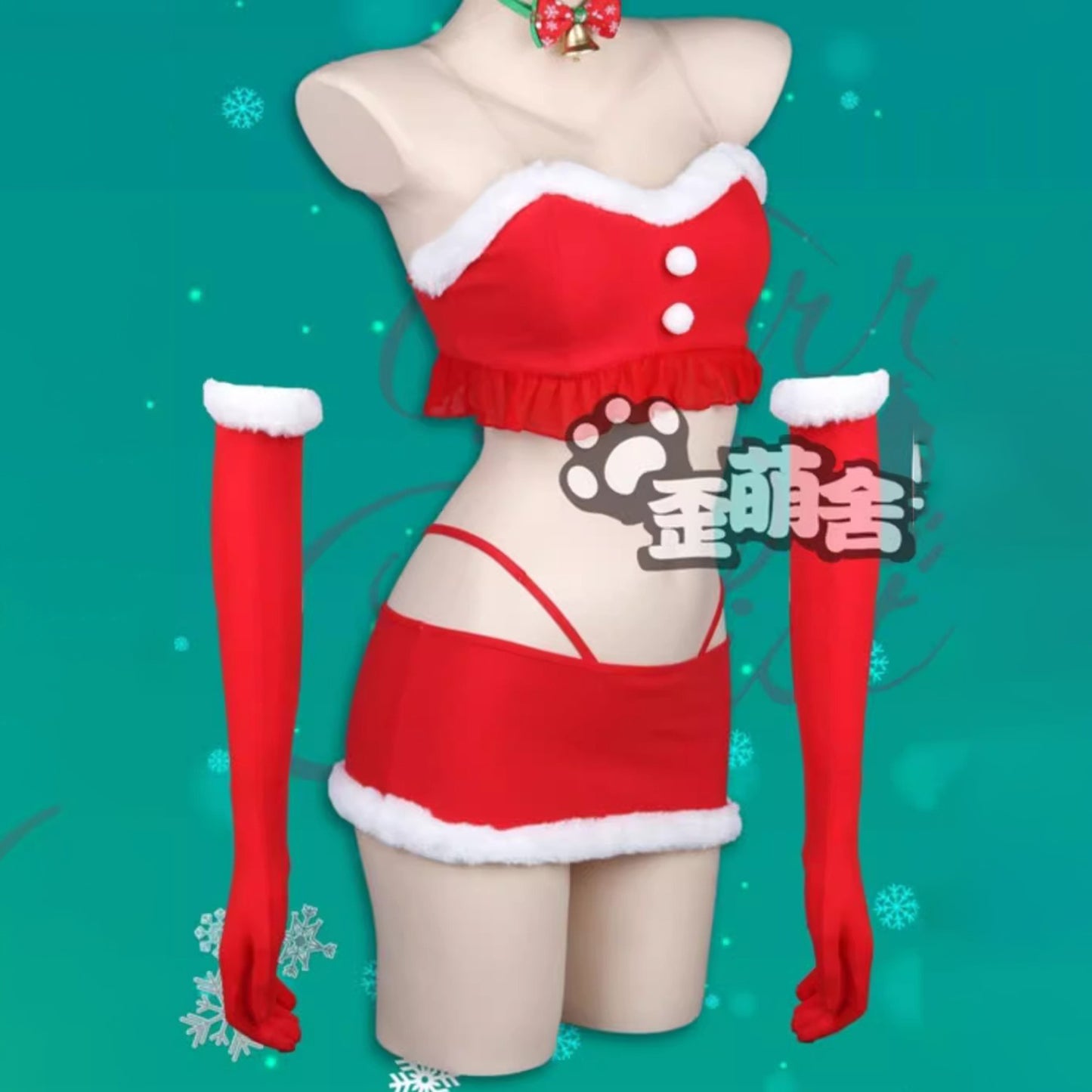 ふわもこセクシーセパレートサンタガールコスプレ8点セット ミニ丈スカート アームカバー付き クリスマス衣装【歪萌舍】