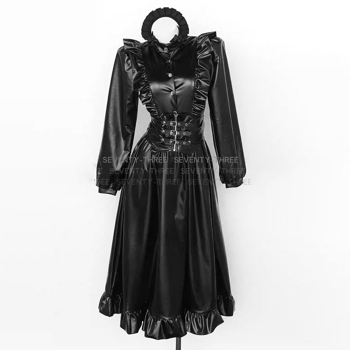 ゴシック地雷系光沢PUレザーのロング丈ダークメイドコスプレ【SEVENTY-THREE】