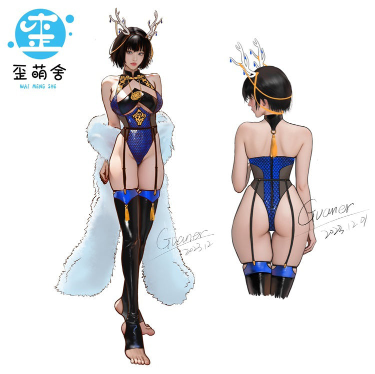 青いドラゴンガールエナメルレオタードコスプレ 肩掛け付き【歪萌舍】