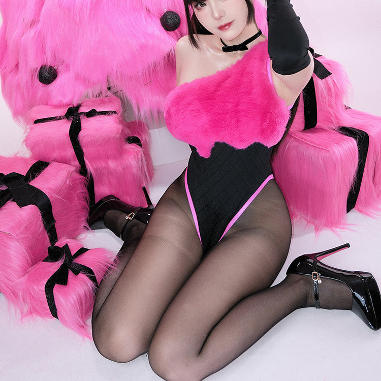 ブラックピンクベルベットニットハイレグレオタードバニーガールコスプレ【得体社】