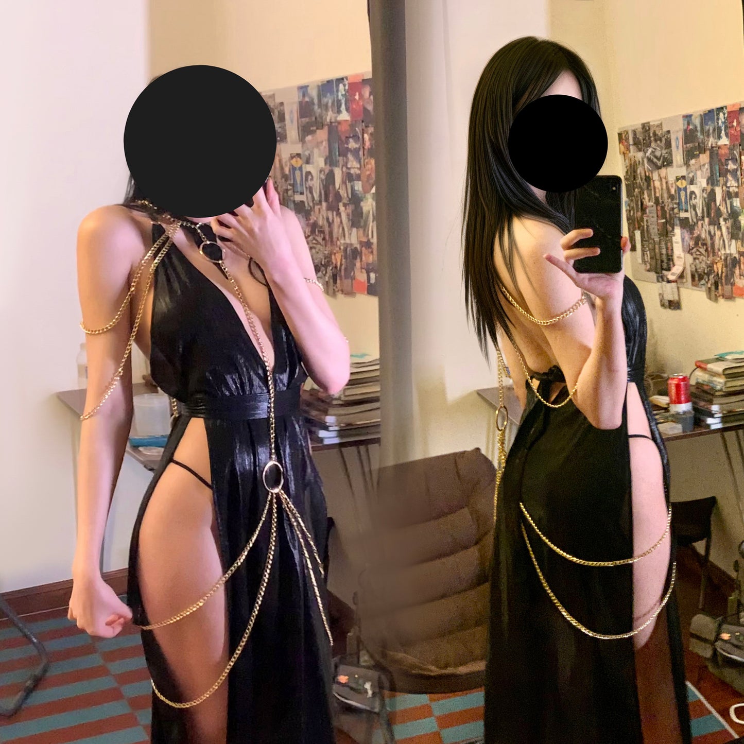 ボディチェーン付き高級感溢れたセクシーブラックワンピース4点セット【エビスタジオ】