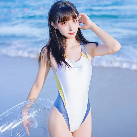 スポーティでセクシーなバックレスハイレグ競泳水着 ホワイト×ブルー×イエロー【得体社】