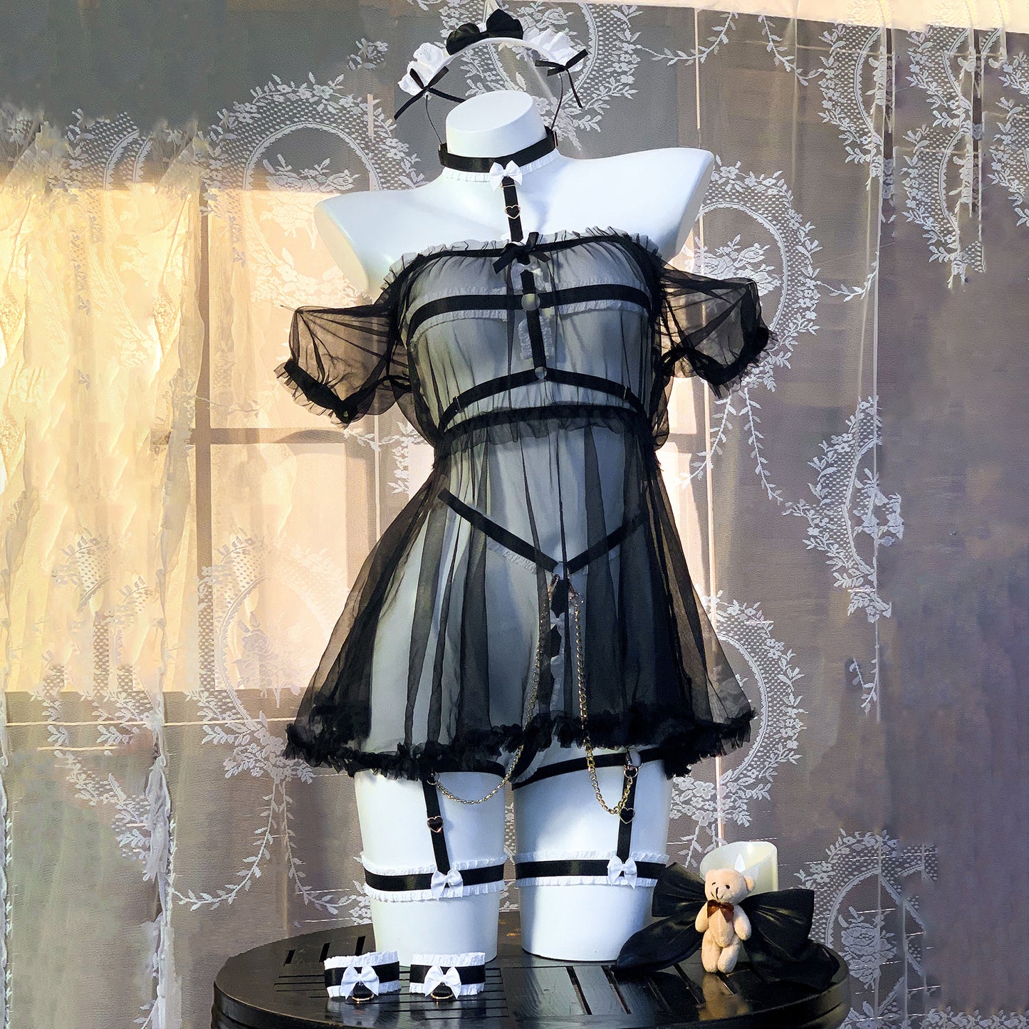 透け感がある可愛いくまハーネスメイドコスプレセット ブラック【エビスタジオ】
