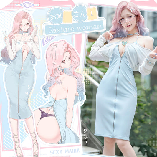 色気漂うお姉さん風エロいジッパー開けワンピースコスプレ 水色 マリアコスプレ【FEE ET MOI】