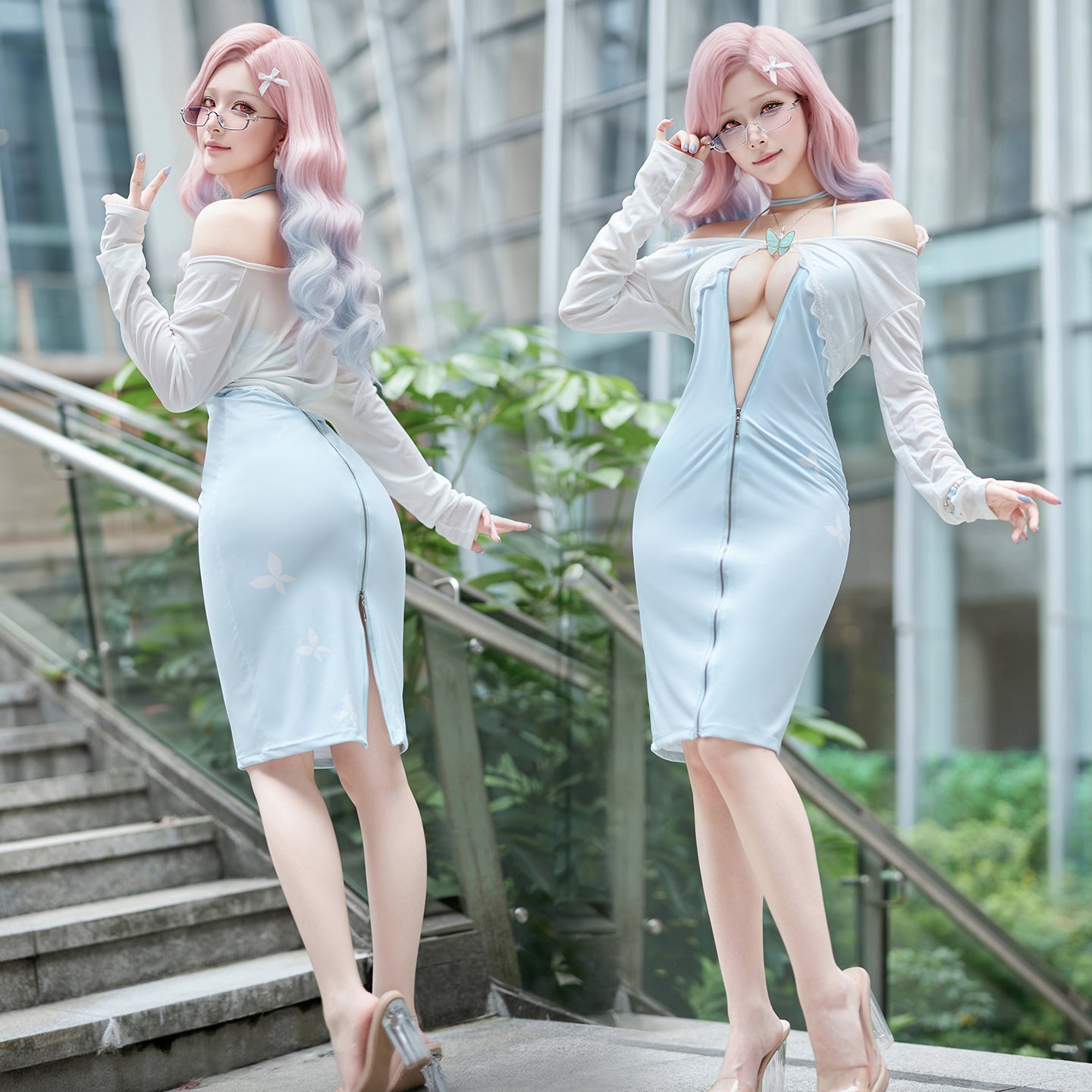 色気漂うお姉さん風エロいジッパー開けワンピースコスプレ 水色 マリアコスプレ【FEE ET MOI】