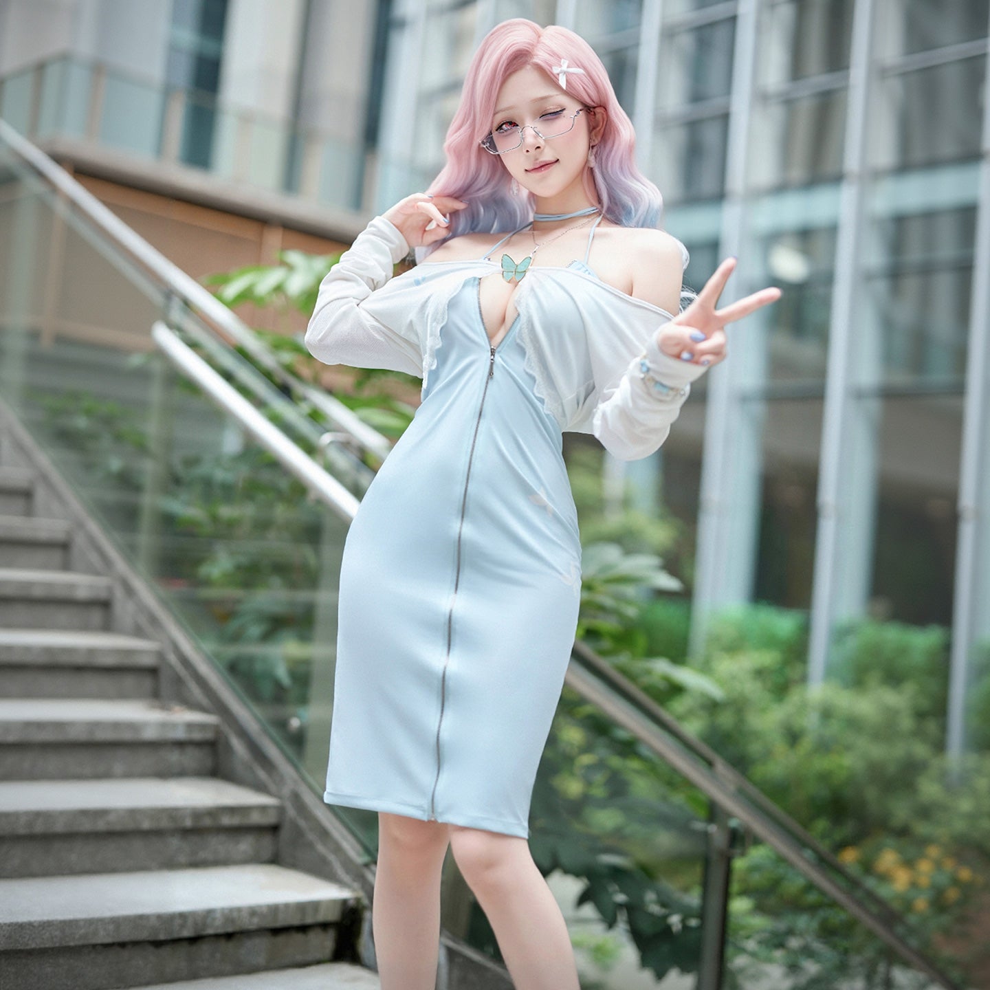 色気漂うお姉さん風エロいジッパー開けワンピースコスプレ 水色 マリアコスプレ【FEE ET MOI】