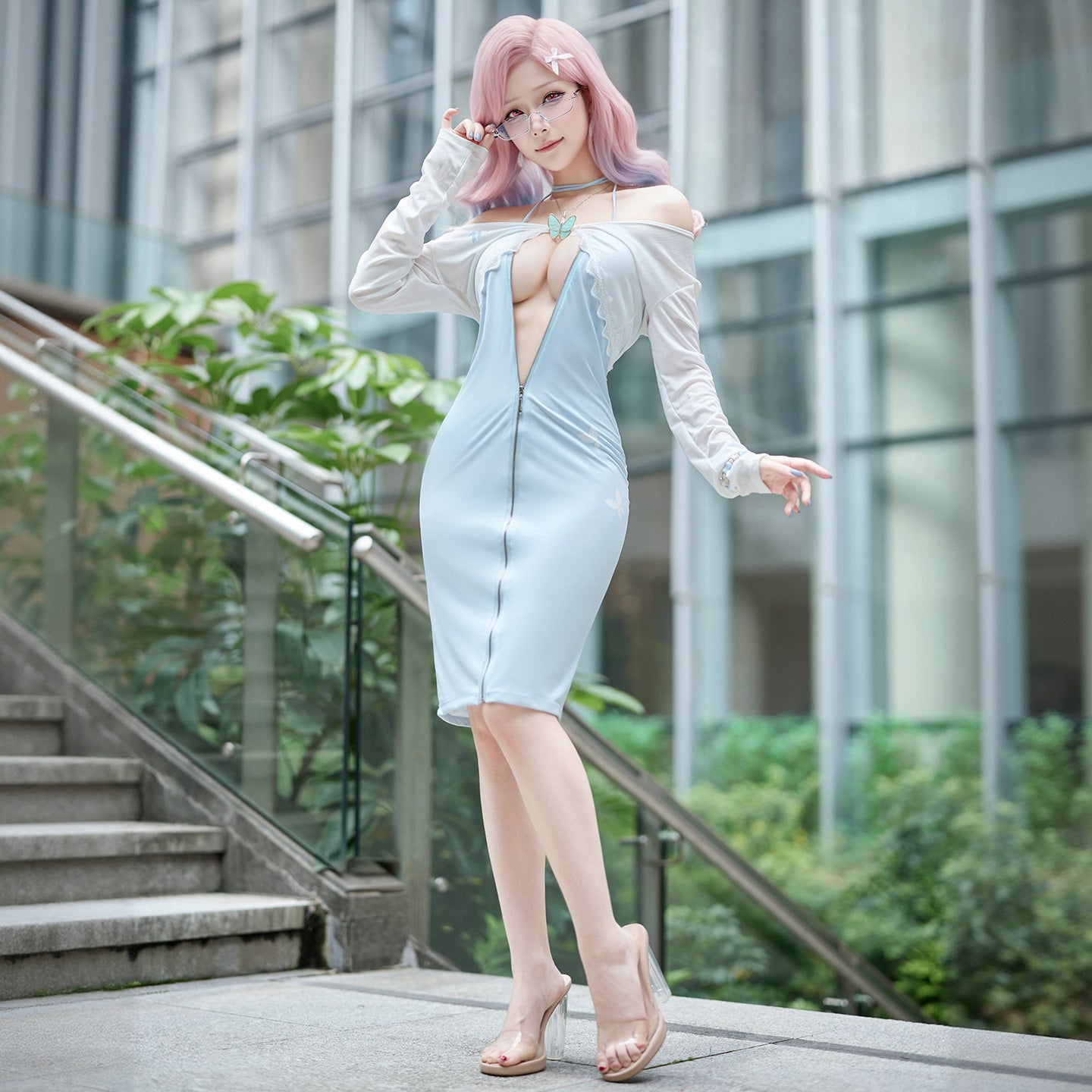 色気漂うお姉さん風エロいジッパー開けワンピースコスプレ 水色 マリアコスプレ【FEE ET MOI】