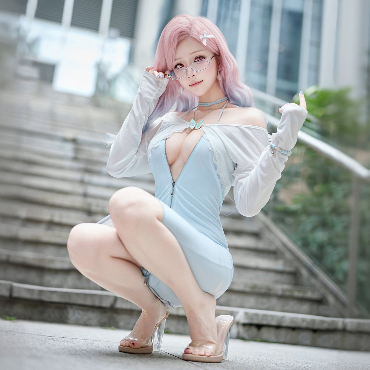 色気漂うお姉さん風エロいジッパー開けワンピースコスプレ 水色 マリアコスプレ【FEE ET MOI】