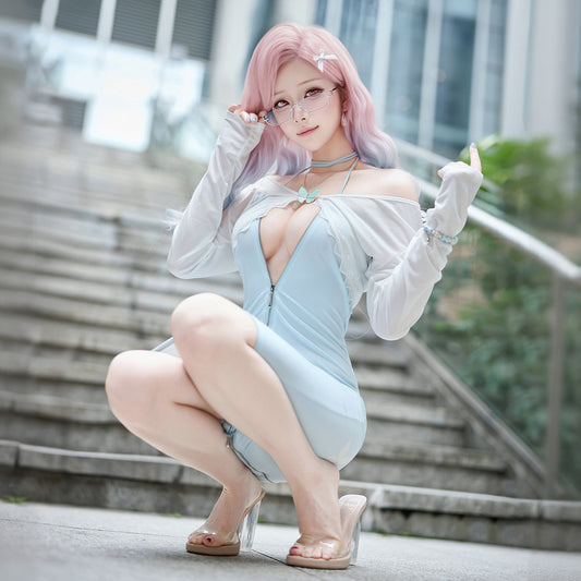 色気漂うお姉さん風エロいジッパー開けワンピースコスプレ 水色 マリアコスプレ【FEE ET MOI】