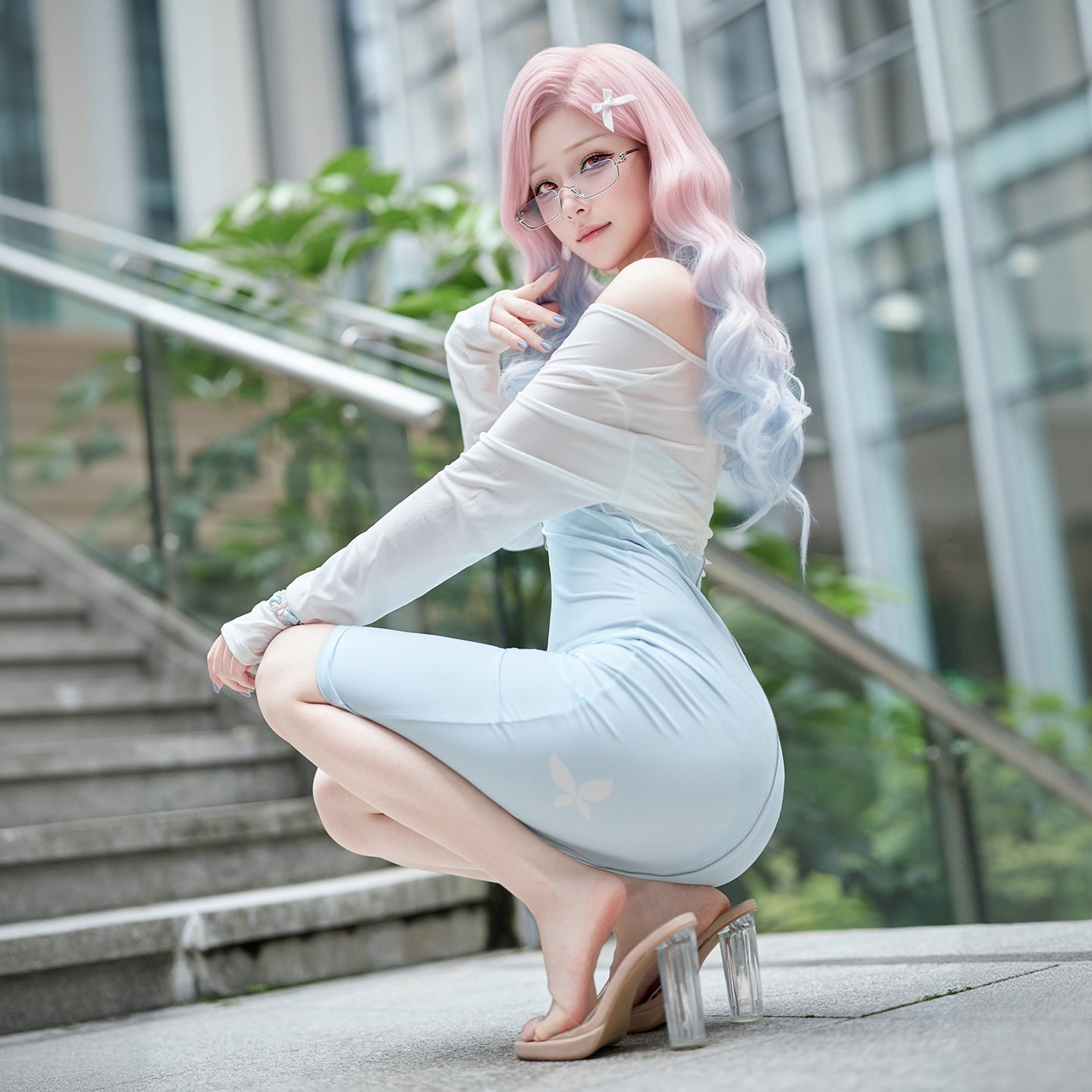 色気漂うお姉さん風エロいジッパー開けワンピースコスプレ 水色 マリアコスプレ【FEE ET MOI】