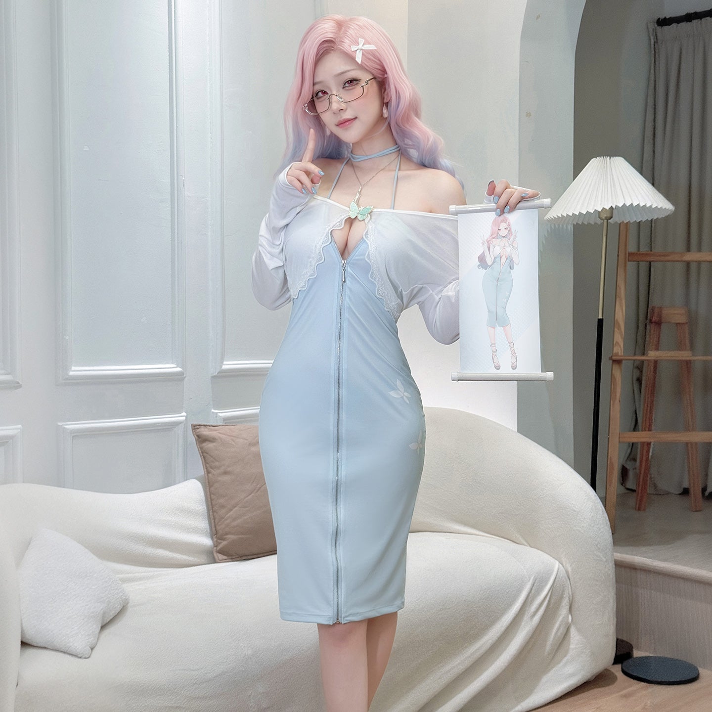 色気漂うお姉さん風エロいジッパー開けワンピースコスプレ 水色 マリアコスプレ【FEE ET MOI】