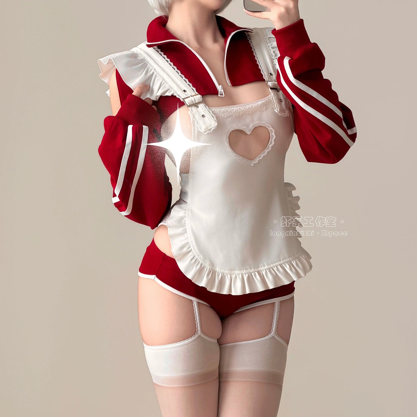 ブルマ風スポーティメイドコスプレ5点セット ワインレッド 体型カバー・75kg対応【エビスタジオ】
