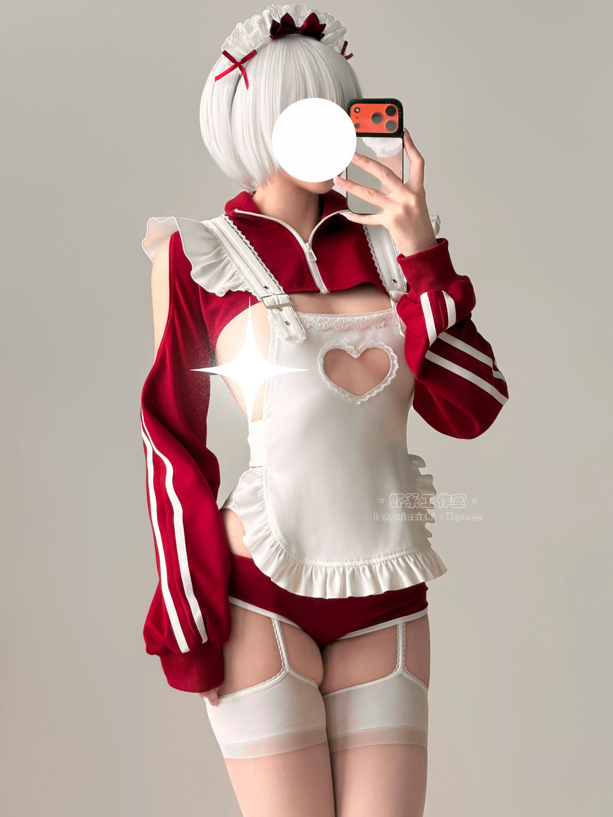 ブルマー風スポーティメイドコスプレ5点セット ワインレッド 体型カバー・75kg対応【エビスタジオ】