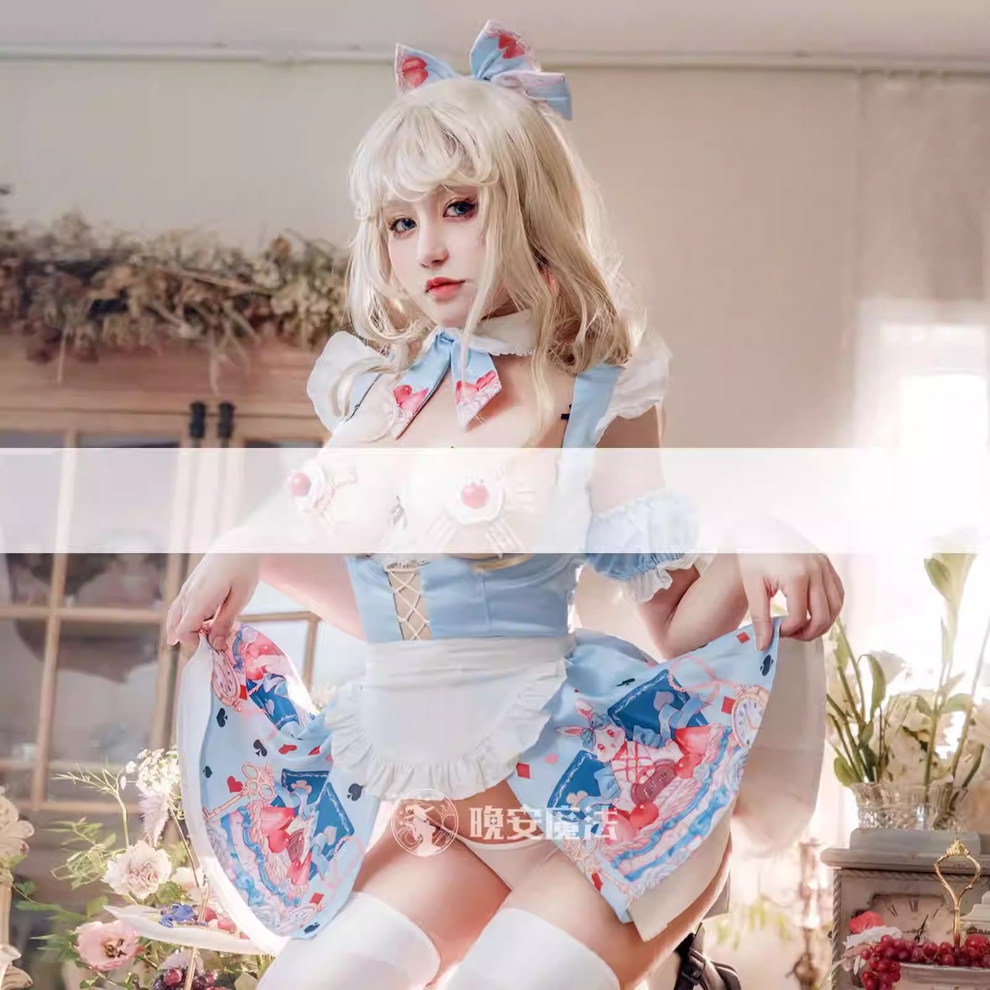 不思議の国のアリス風ロリータメイドコスプレ かわいいパステルカラー アリス風コスチューム【晩安魔法】