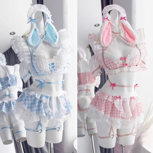 森ガール風チェック柄萌えバニーメイドコスチューム 胸パッド入り【火華家】