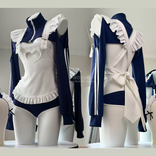 【胸元ハート窓×横乳】ブルマ風スポーティメイドコスプレ5点セット 体型カバー・75kg対応【エビスタジオ】