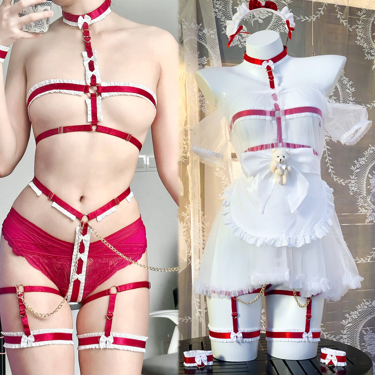 透け感がある可愛いくまハーネスメイドコスプレセット レッド【エビスタジオ】