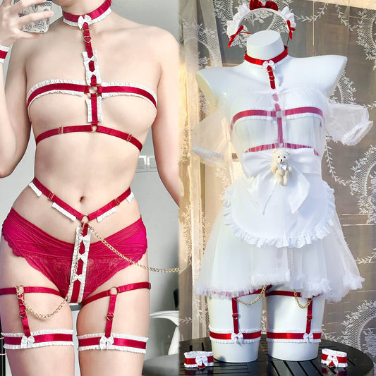 透け感がある可愛いくまハーネスメイドコスプレセット レッド【エビスタジオ】