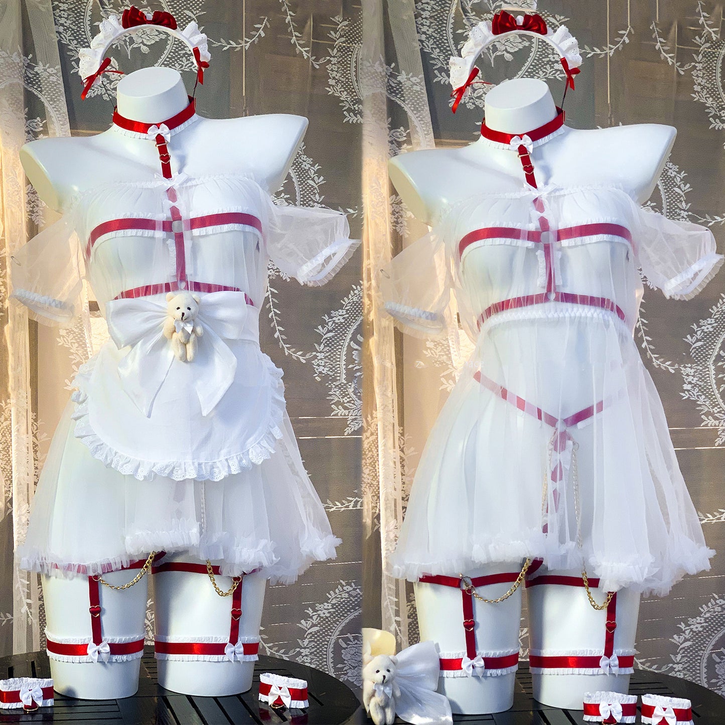 透け感がある可愛いくまハーネスメイドコスプレセット レッド【エビスタジオ】