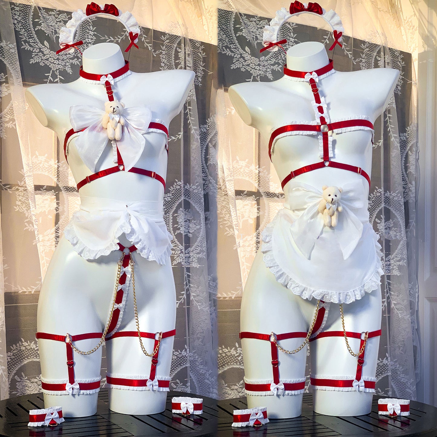 透け感がある可愛いくまハーネスメイドコスプレセット レッド【エビスタジオ】