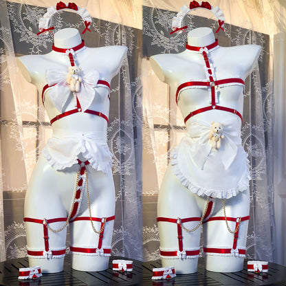 透け感がある可愛いくまハーネスメイドコスプレセット レッド【エビスタジオ】